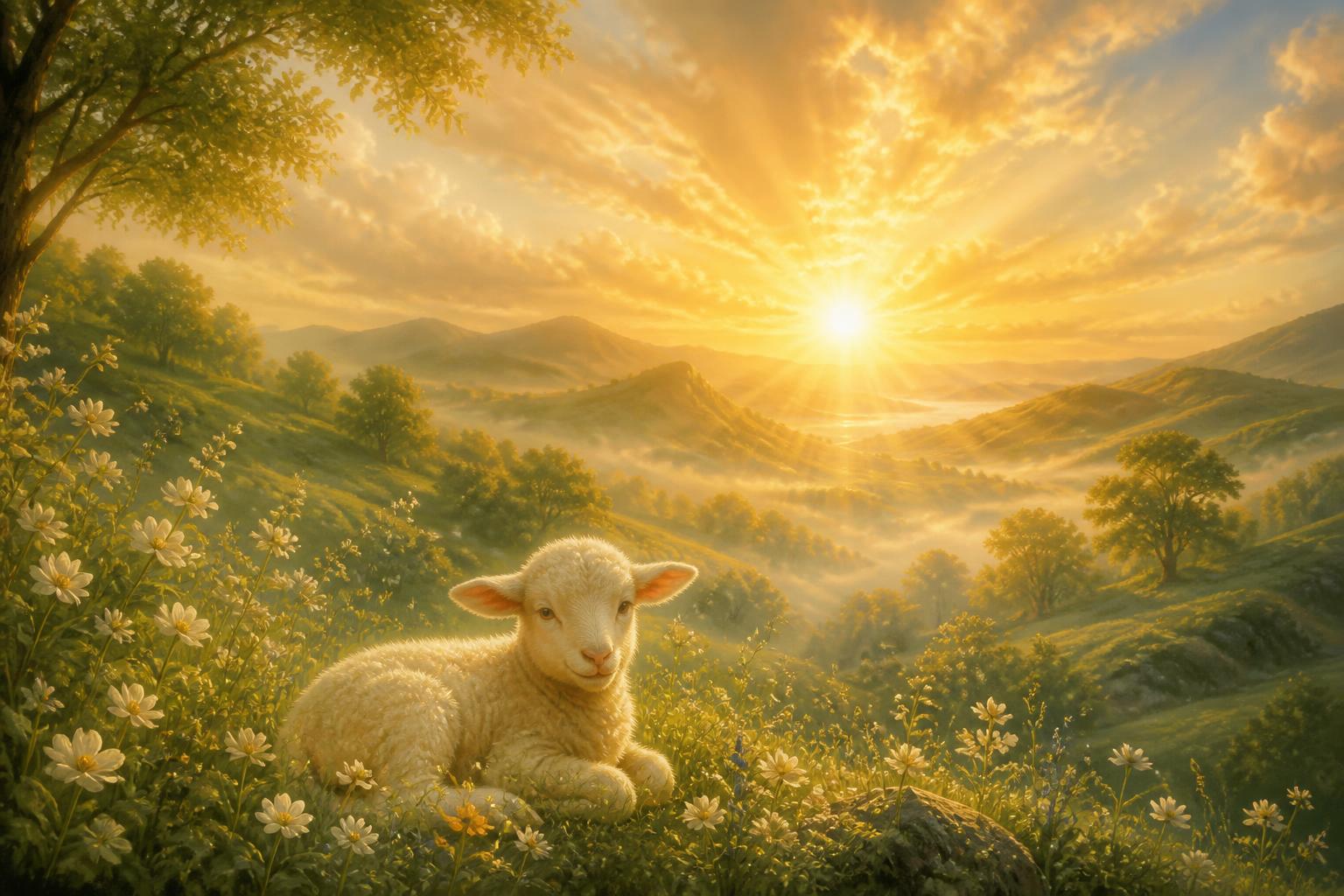 A lamb resting in a meadow of wildflowers at sunrise, symbolizing the Lamb slain before the foundation of the world.