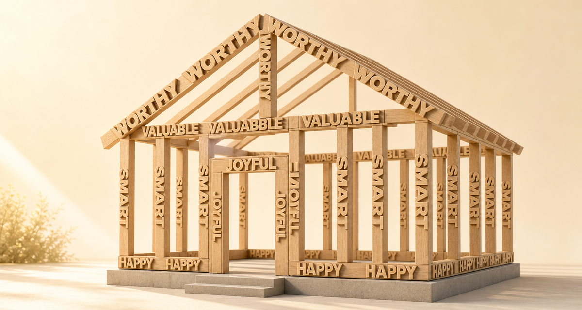 A simple house frame built from encouraging words like worthy, valuable, smart, joyful, and happy