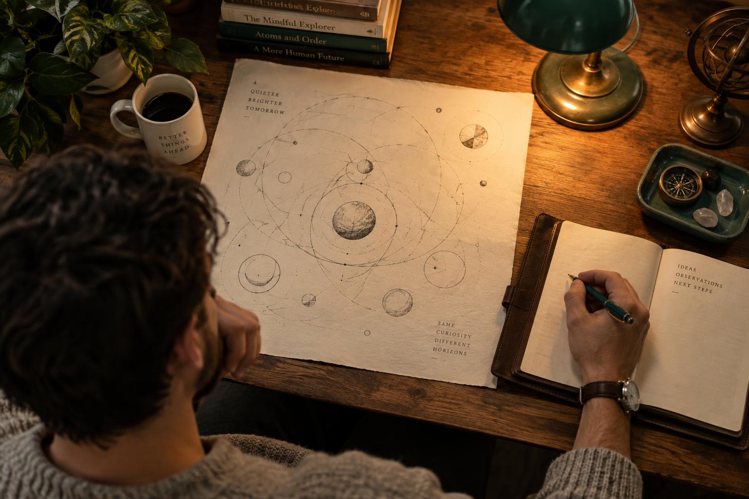 Overhead view of a man at a wooden desk studying a paper of circular patterns, warm lamplight, journal and pen nearby
