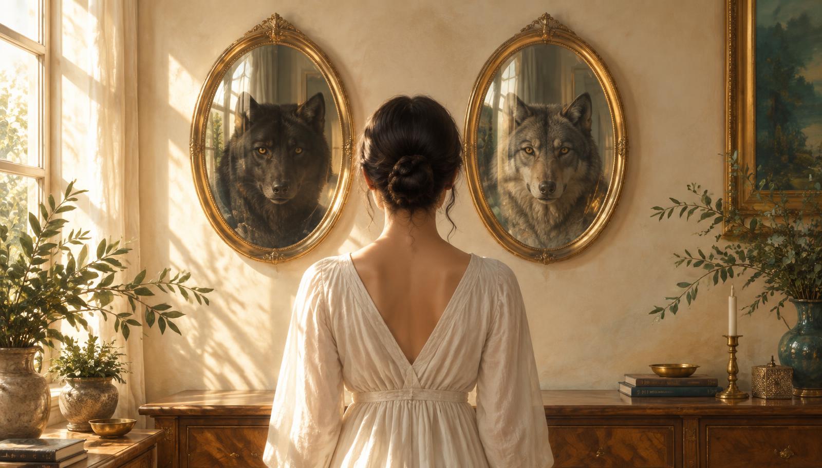 A woman seen from behind, standing before two side-by-side mirrors; one reflects a black wolf, the other a grey wolf
