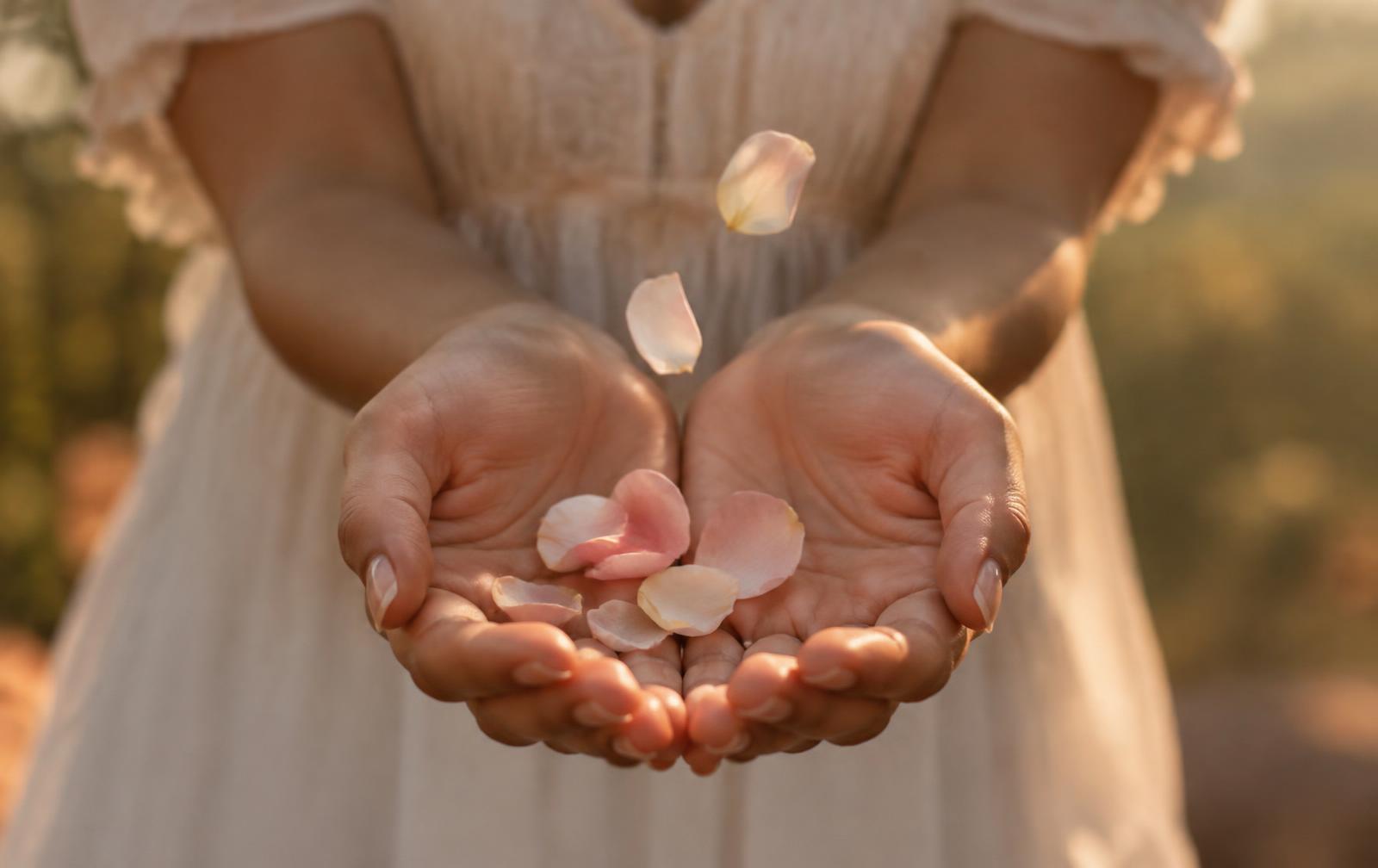 Cupped open hands receiving falling flower petals in warm golden light
