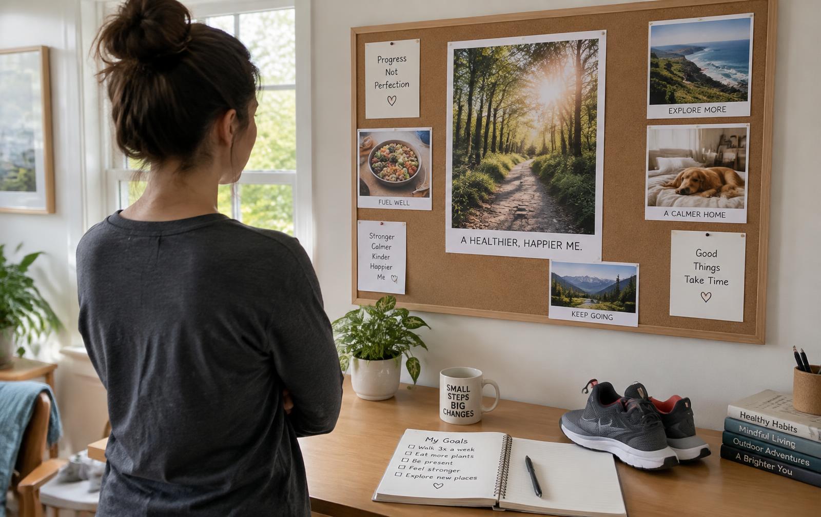 Woman viewing a vision board with a sunlit walking path photo, an open notebook of goals, and walking shoes