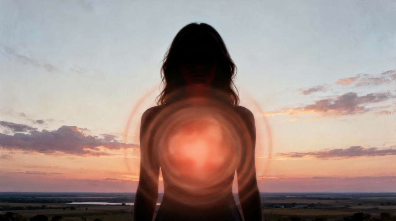 Silhouette of a woman with warm reddish-orange light radiating in ripples from her heart, set against an open horizon and dusk sky