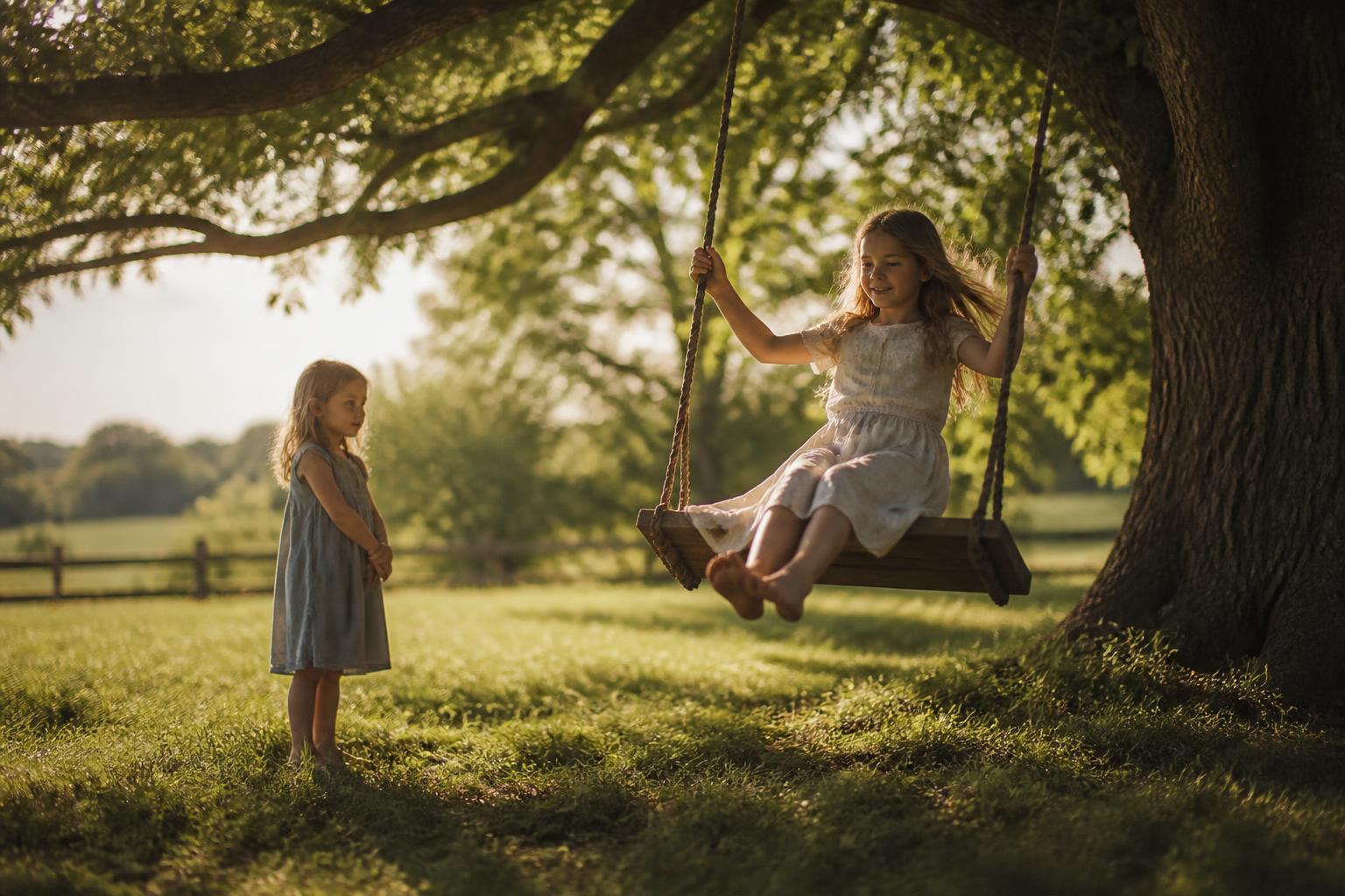 A girl swinging on a wooden tree swing beneath dappled sunlight while another girl watches from a distance