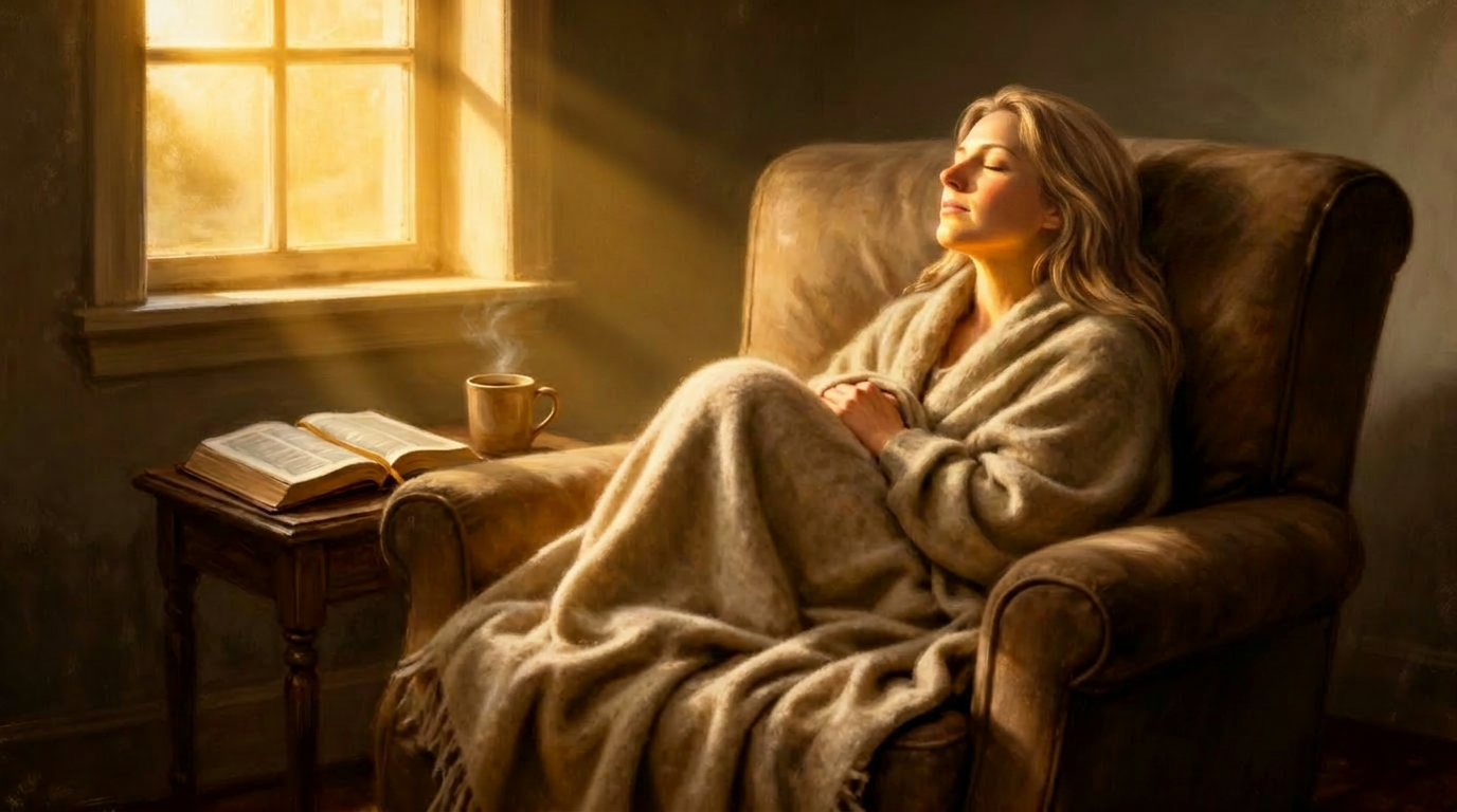A woman leaning back in an armchair wrapped in a blanket, eyes closed with sunlight warming her face, an open Bible and coffee mug on a small table beside her