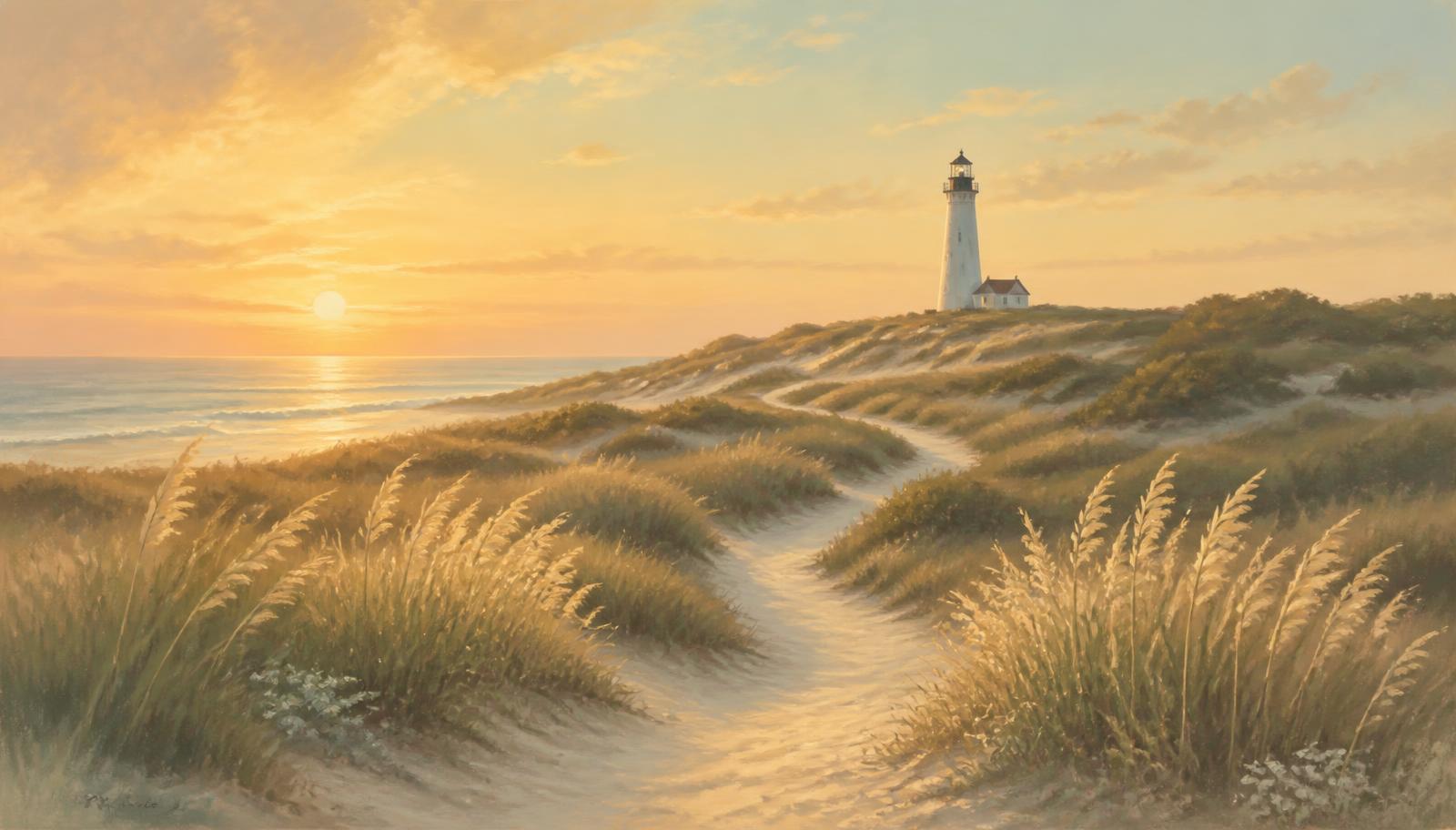 A sandy path winding through coastal dune grass toward a distant lighthouse at golden hour, symbolizing vision and direction